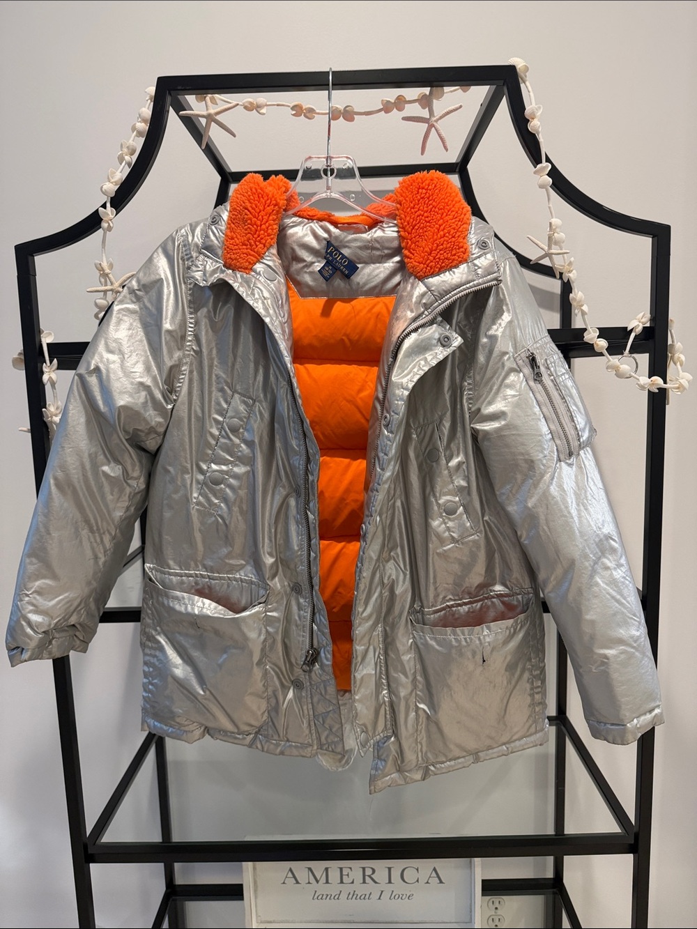 Polo by Ralph Lauren Silver Jacket with Orange Sherpa Trim for Kids